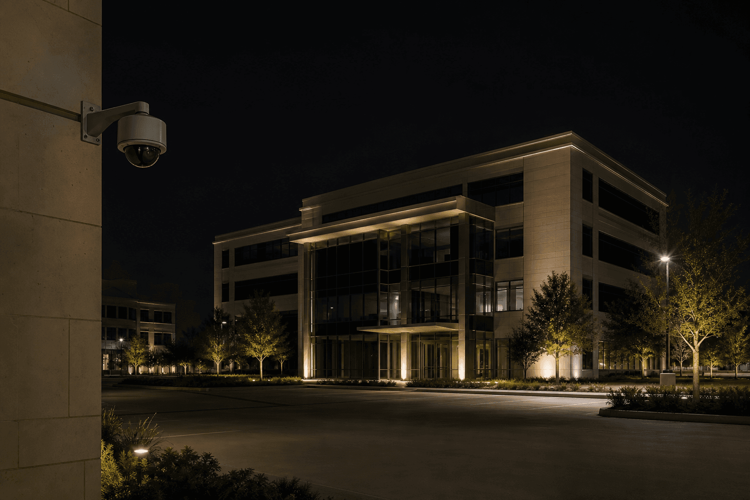 Commercial office building illuminated by security lighting after hours