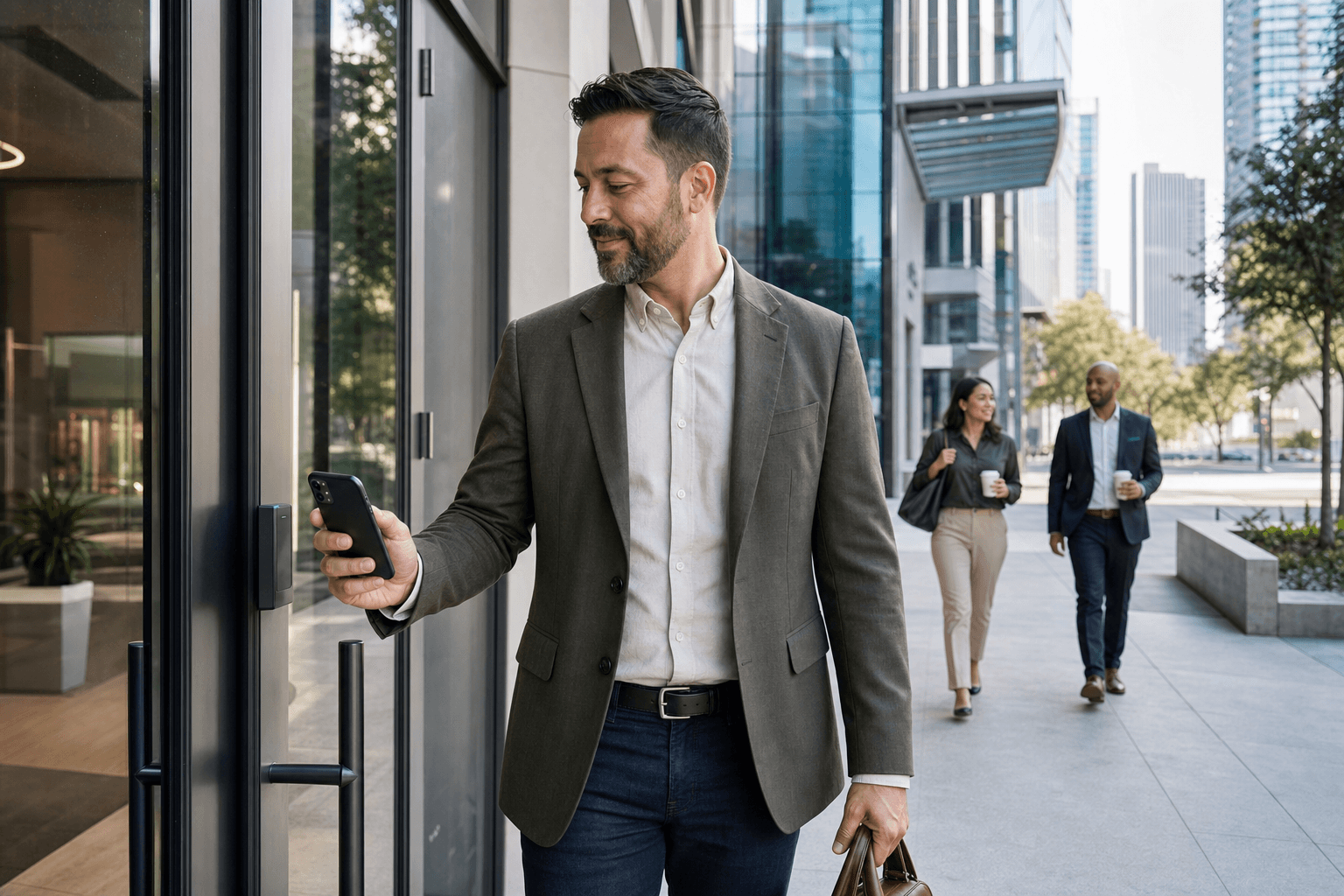 Business owner unlocking a modern office with a smartphone as employees arrive