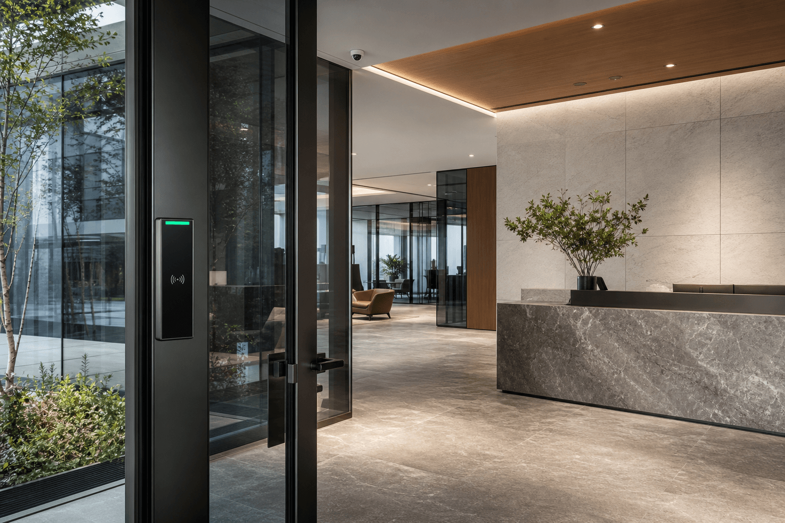 High-end corporate reception with glass doors, access readers, and integrated security cameras