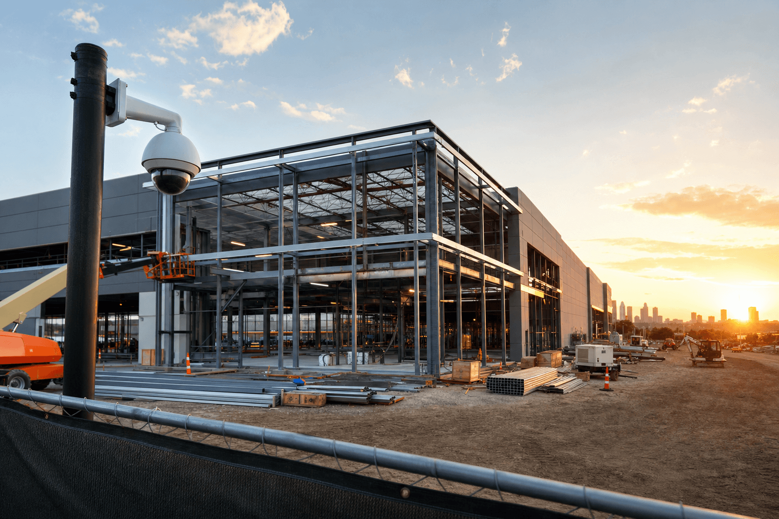 Security cameras installed at a steel-frame commercial construction site at sunrise