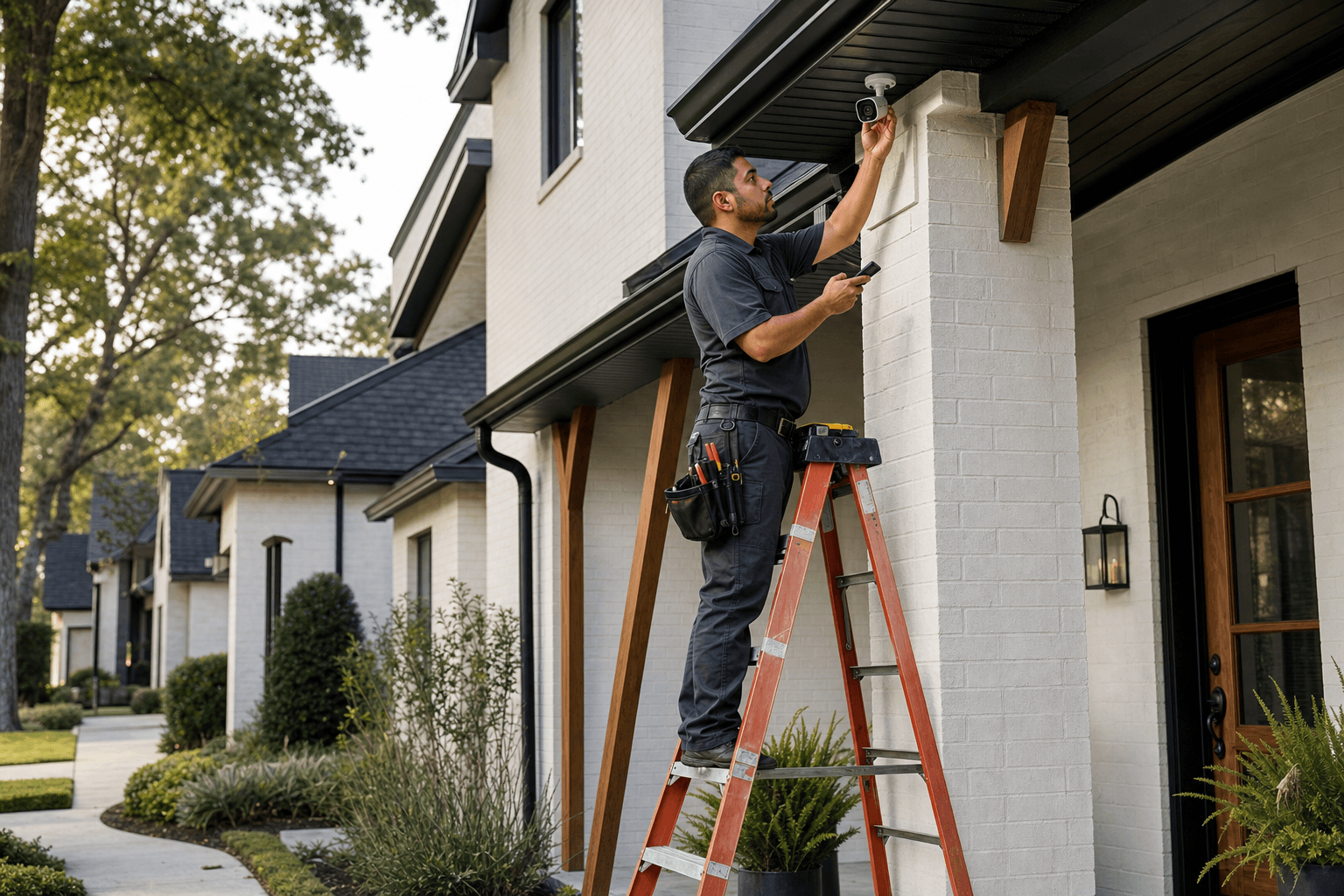 A professional technician carefully aiming a residential security camera beneath a home's eave