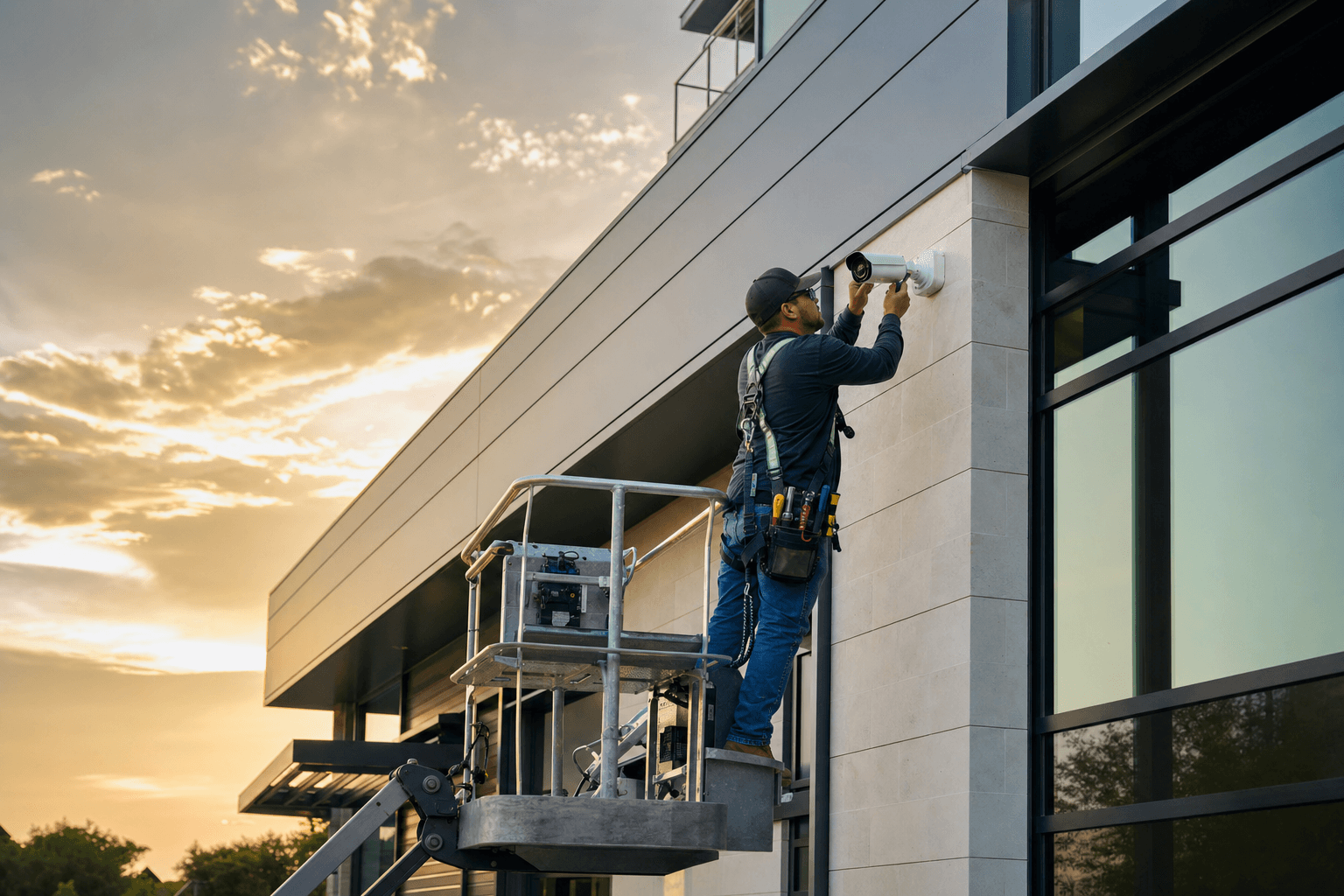 Security technician installing a camera on a modern commercial building from a lift